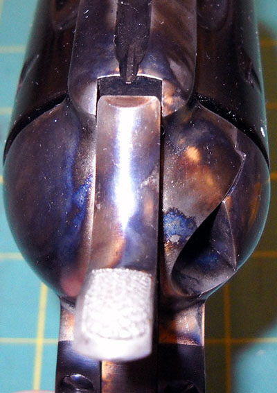 detail, Thunderer hammer at quarter-cock, from rear